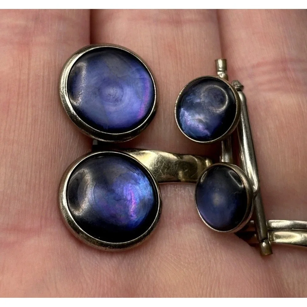 Vintage Silver Tone Moonglow Blue Cabochon Cufflinks Studs Cuff Button Set